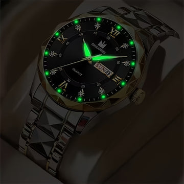 Trending Men's Luxury Quartz Watch Stainless Steel Band | Roman Numeral Dial | Rhinestone Design | Date Calendar | Luminous Display | Fashion & Business Style | Perfect for Daily Wear, Travel & Gifts