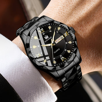 Trending Men's Luxury Quartz Watch Stainless Steel Band | Roman Numeral Dial | Rhinestone Design | Date Calendar | Luminous Display | Fashion & Business Style | Perfect for Daily Wear, Travel & Gifts